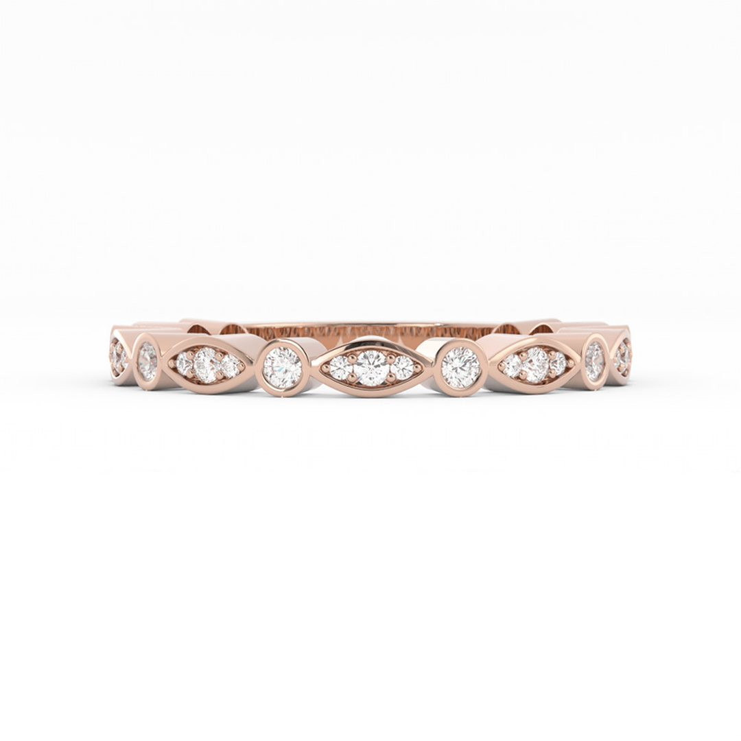 14K Rose Gold Round Three Quarter Alternating Eyelet Natural Diamond Wedding Band
