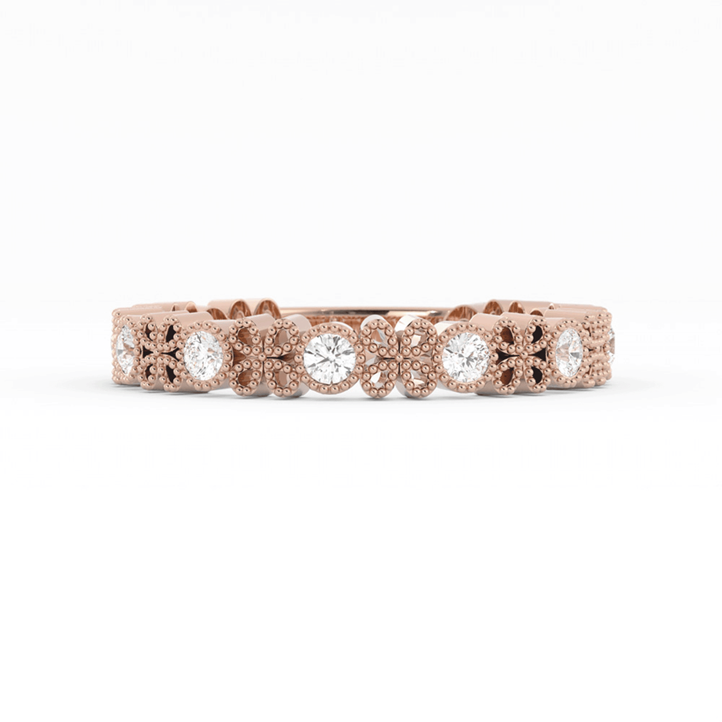 14K Rose Gold Round Three Quarter Petal and Milgrain Lab Grown Diamond Wedding Band