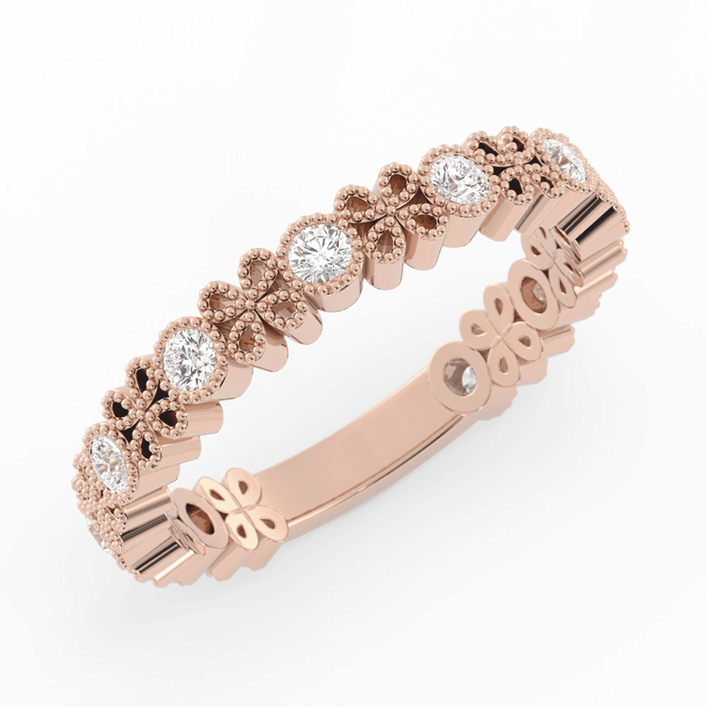 14K Rose Gold Round Three Quarter Petal and Milgrain Natural Diamond Wedding Band