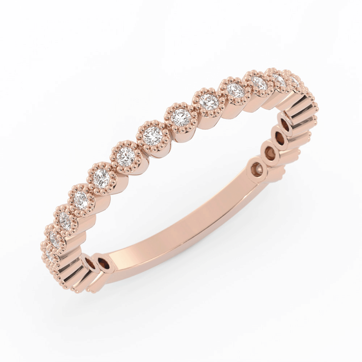 14K Rose Gold Round Three Quarter Milgrain Lab Grown Diamond Wedding Band