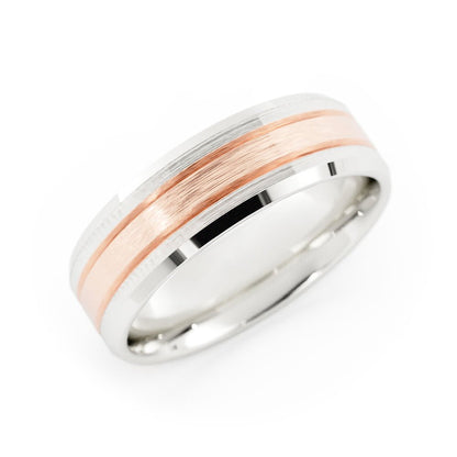 Two-Tone 14K White/Rose Gold Satin Beveled edge with Two Grooves 6mm Wedding Band