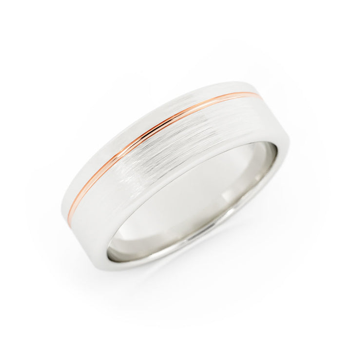 Two-Tone 14K White/Rose Gold Satin Offset Groove 6mm Wedding Band