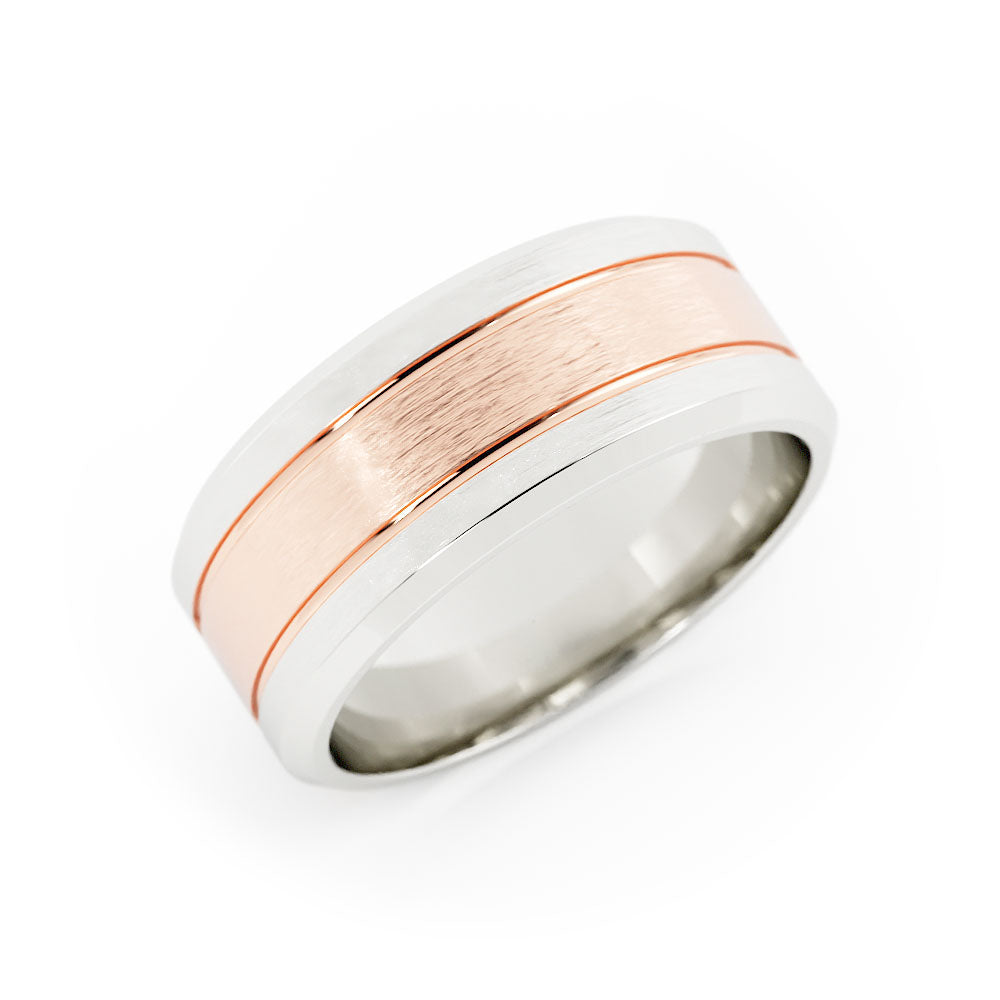 Two-Tone 14K White/Rose Gold Satin Double Groove with Beveled Edge 8mm Wedding Band