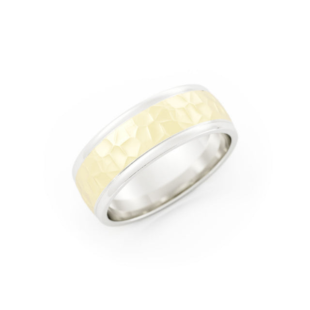 Two-Tone 14K White/Yellow Gold Hammered Domed 7mm Wedding Band