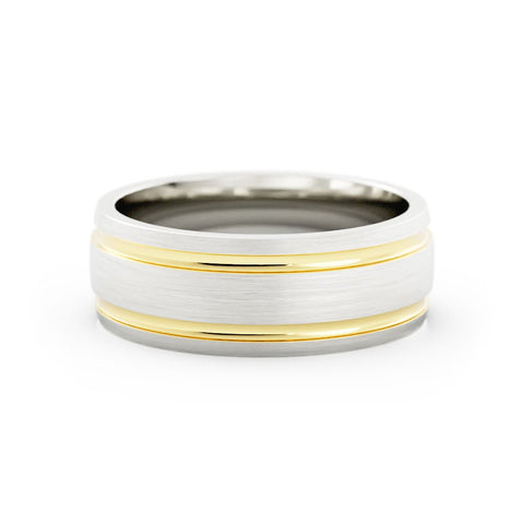 Two-Tone 14K White/Yellow Gold Satin Double Outside Groove 7mm Wedding Band