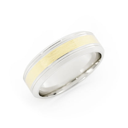 Two-Tone 14K White/Yellow Gold Satin Outside Groove with Beveled Edge 6mm Wedding Band
