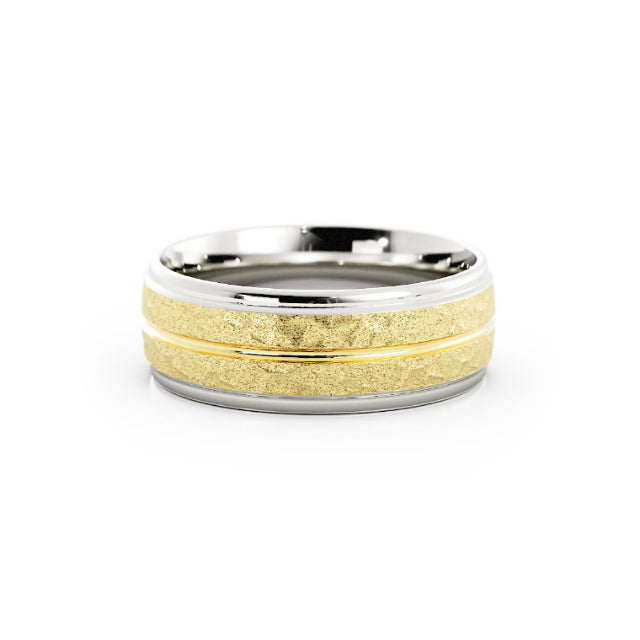 Two-Tone 14K White/Yellow Gold Hammered with Center Groove 7mm Wedding Band