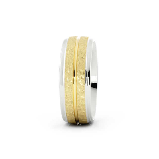 Two-Tone 14K White/Yellow Gold Hammered with Center Groove 7mm Wedding Band