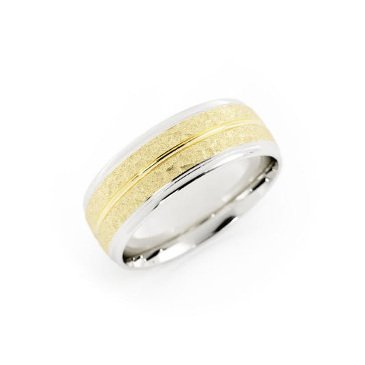 Two-Tone 14K White/Yellow Gold Hammered with Center Groove 7mm Wedding Band