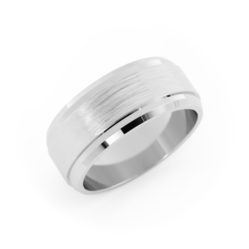 14K White Gold Satin Beveled Step-Down Edge 8mm Wedding Band