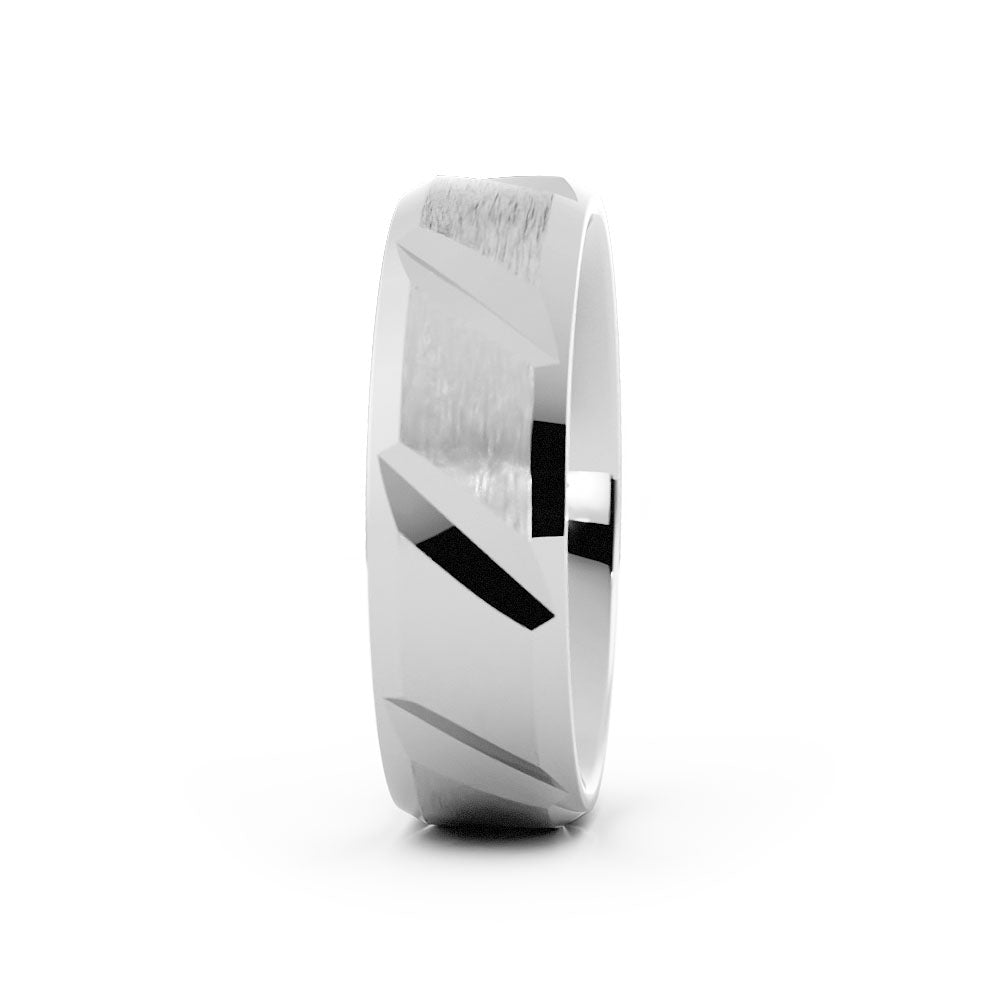 14K White Gold Satin Diagonal Cut with Beveled Edge 6mm Wedding Band