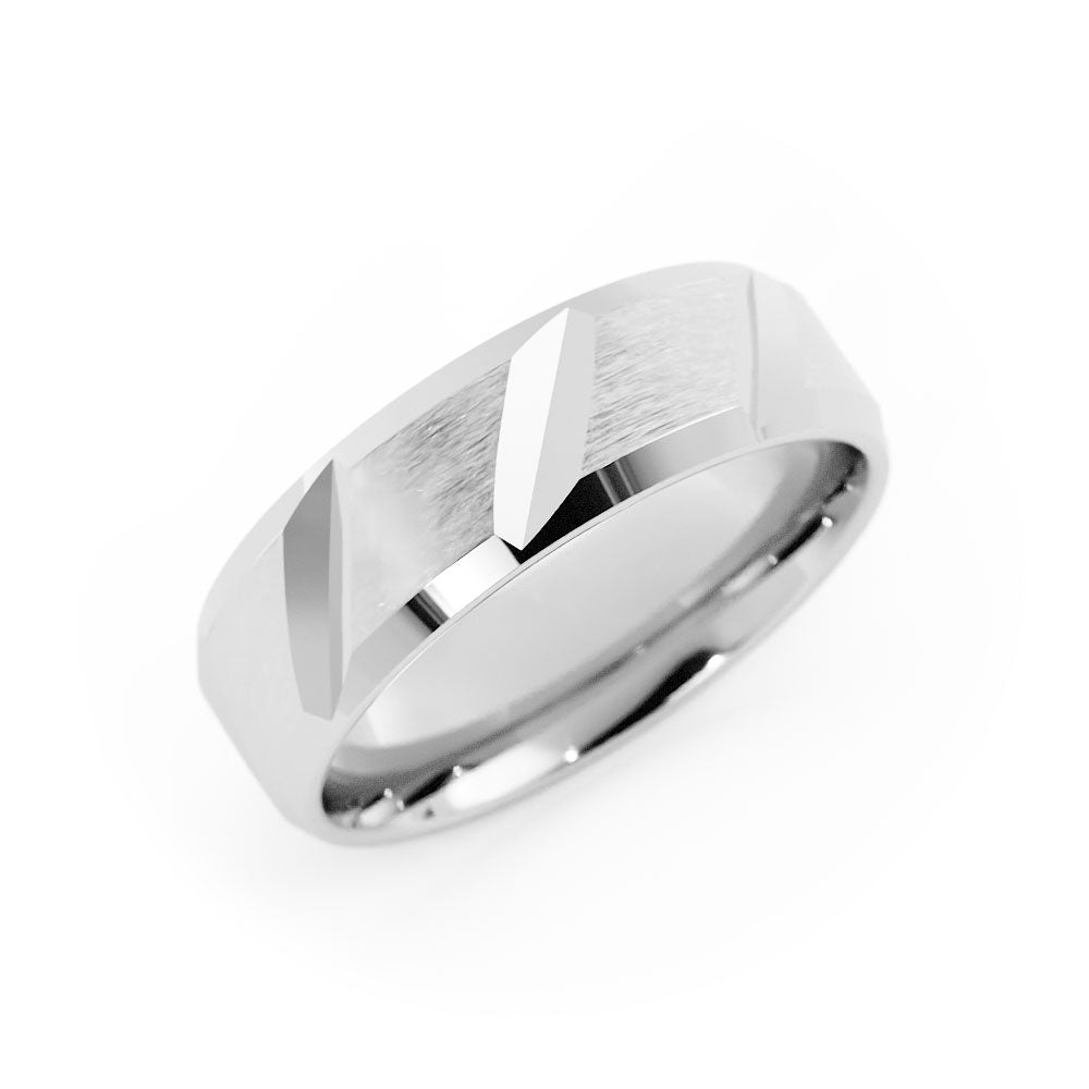 14K White Gold Satin Diagonal Cut with Beveled Edge 6mm Wedding Band