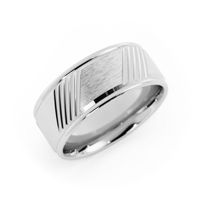 14K White Gold Satin Diagonal Groove 8mm Wedding Band