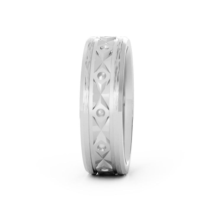 14K White Gold Satin Diamond Pattern 6mm Wedding Band