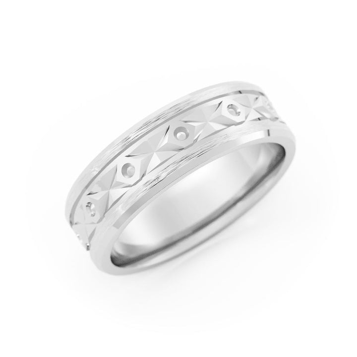 14K White Gold Satin Diamond Pattern 6mm Wedding Band