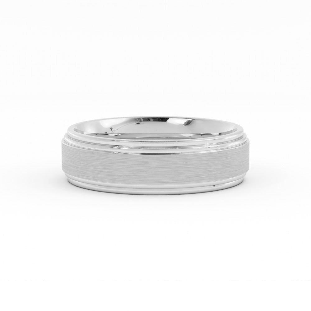 14K White Gold Satin Elevated Center with Double Groove 6mm Wedding Band