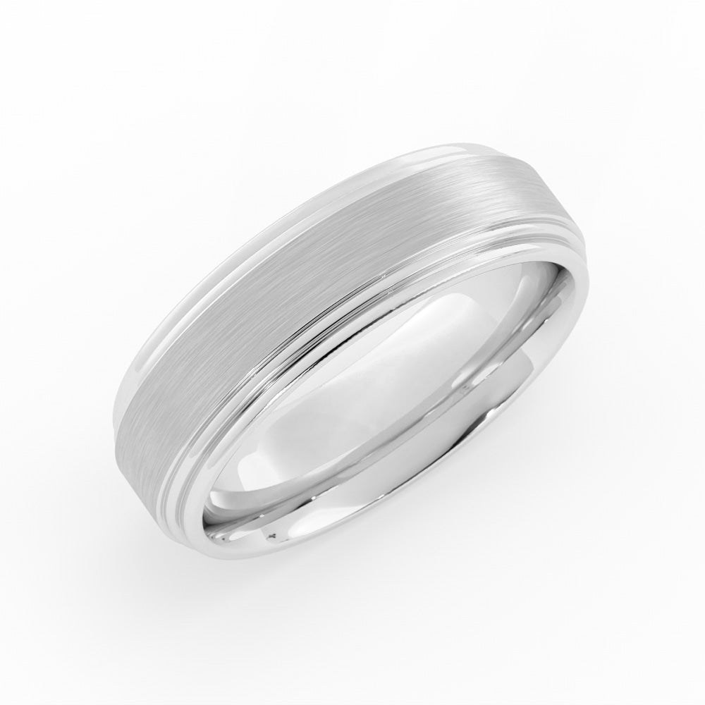14K White Gold Satin Elevated Center with Double Groove 6mm Wedding Band