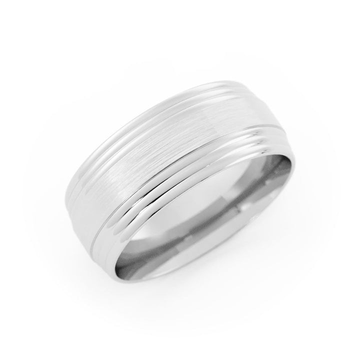 14K White Gold Satin Elevated Center with Double Groove 8mm Wedding Band