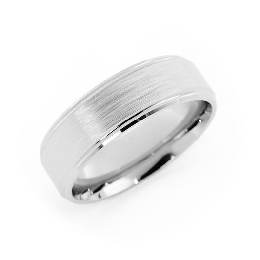 14K White Gold Satin Elevated Center with Slanted Edge 6mm Wedding Band