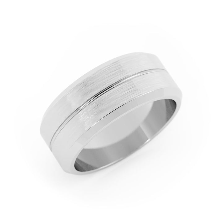 Satin Flat Beveled Edge with Center Groove 8mm Wedding Band