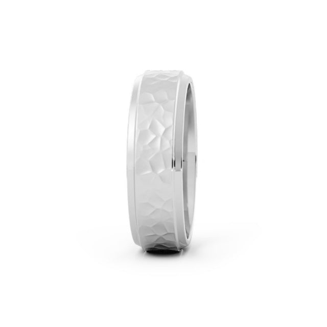 14K White Gold Hammered Flat with Double Beveled Edge 6mm Wedding Band