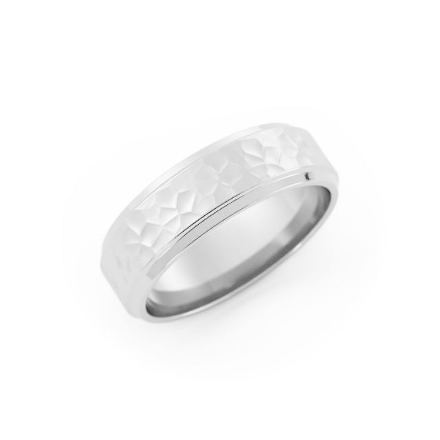14K White Gold Hammered Flat with Double Beveled Edge 6mm Wedding Band