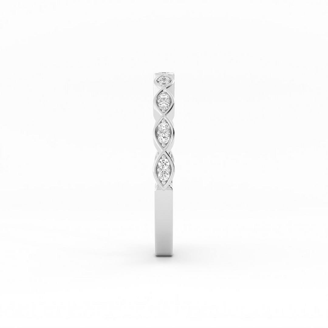 14K White Gold Round Half Shank Eyelet Paired Stone Lab Grown Diamond Wedding Band
