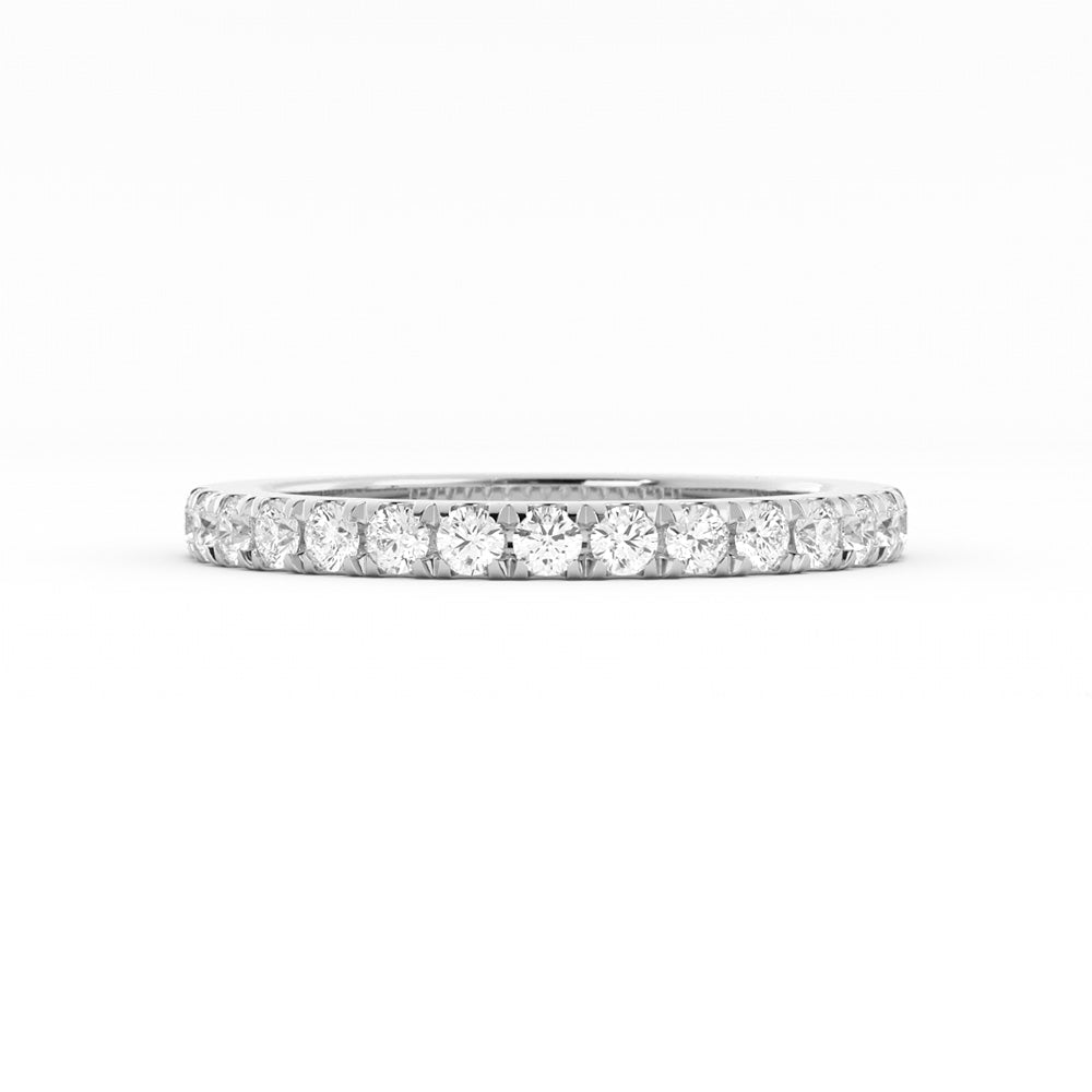 14K White Gold Round Pave Half Shank Natural Diamond 2.4mm Wedding Band