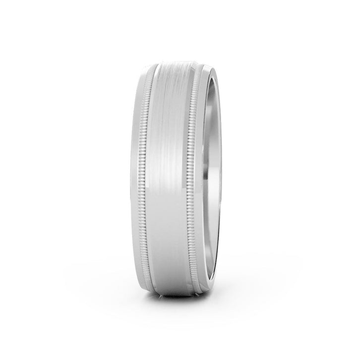 14K White Gold Satin Light Milgrain Center with Slanted Edge 6mm Wedding Band