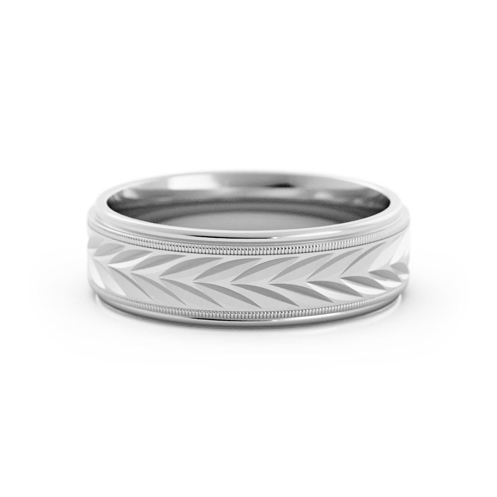 14K White Gold Satin Milgrain Center with V Pattern 6mm Wedding Band