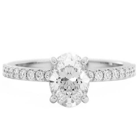 1.25ct Moissanite Pave Hidden Halo, Accent 14K White Gold Engagement Ring
