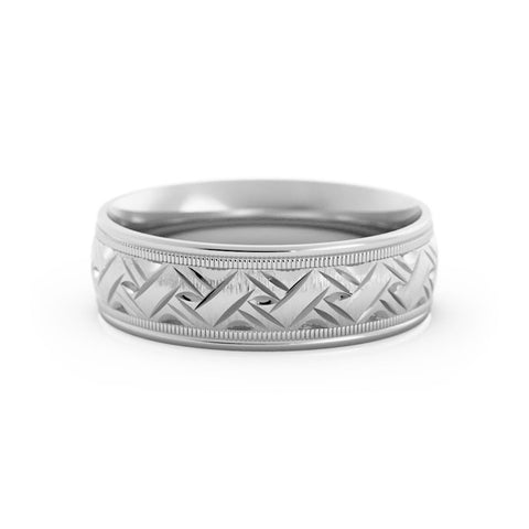 14K White Gold Rugged Sandblast Milgrain Edge with Weave Pattern 6mm Wedding Band