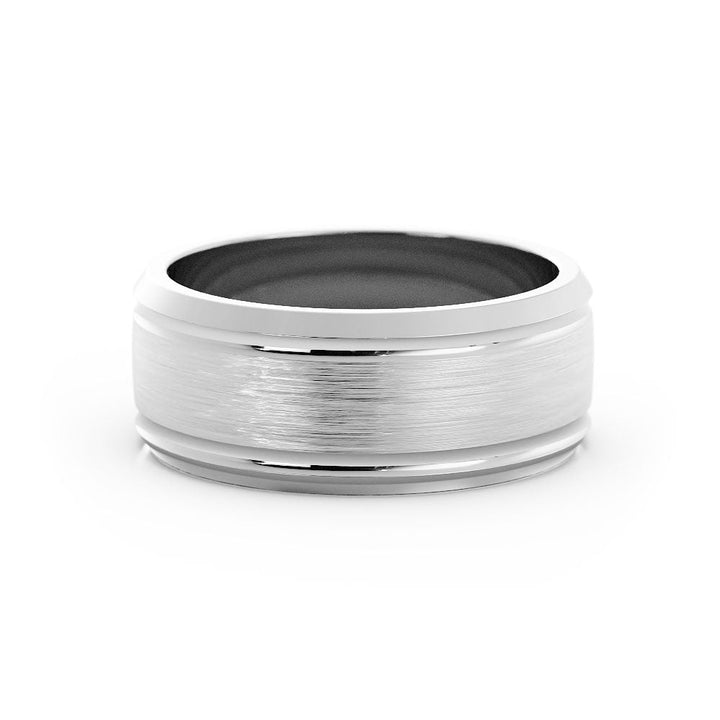 14K White Gold Satin Outside Groove with Beveled Edge 8mm Wedding Band