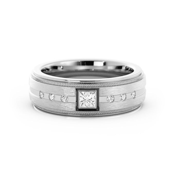 14K White Gold Round Seven Lab Grown Diamond with Milgrain Wedding Band
