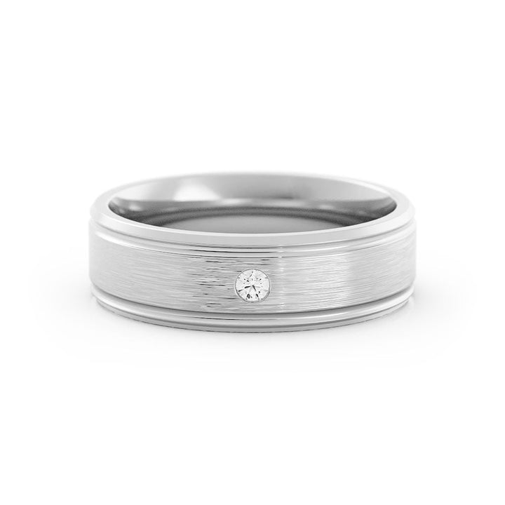 14K White Gold Round Single Lab Grown Diamond with Double Groove Wedding Band