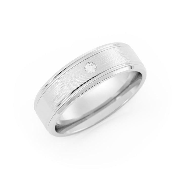 14K White Gold Round Single Lab Grown Diamond with Double Groove Wedding Band