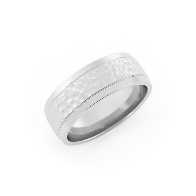 14K White Gold Hammered Step-Down Beveled Edge 7mm Wedding Band