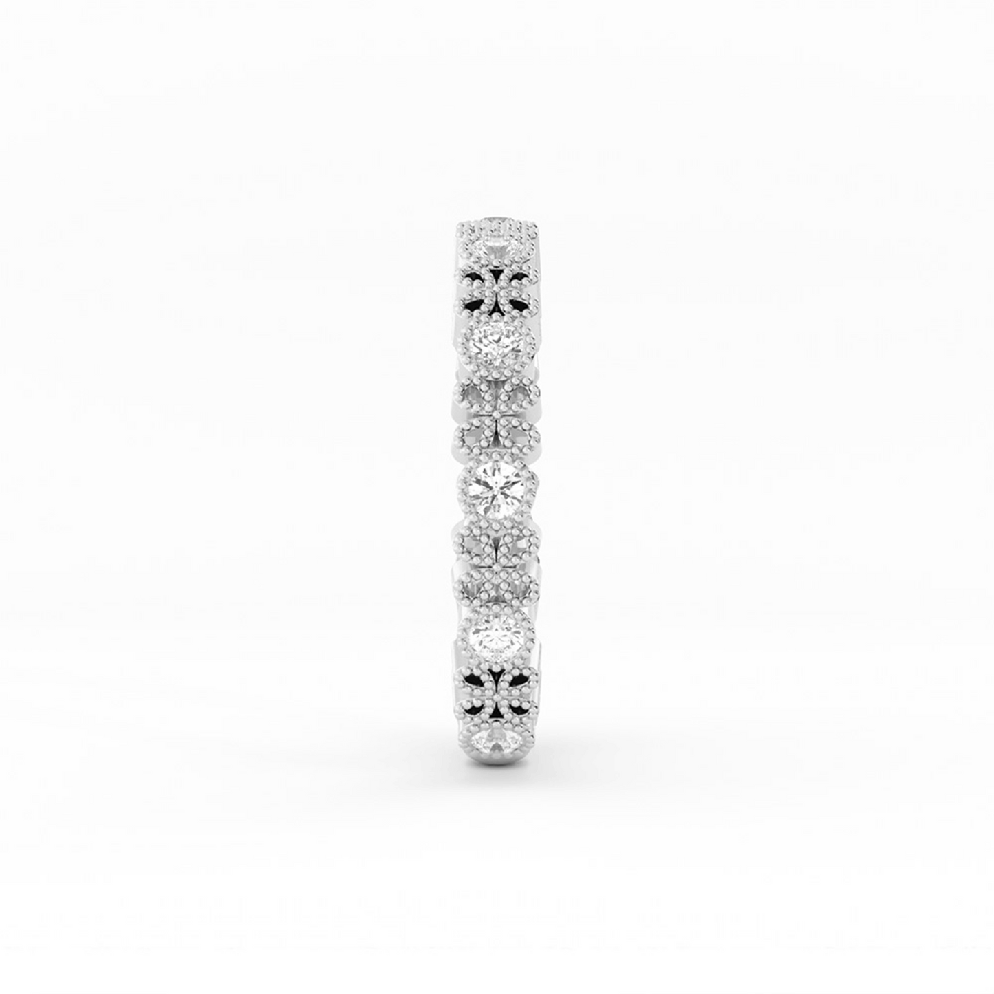 14K White Gold Round Three Quarter Petal and Milgrain Natural Diamond Wedding Band