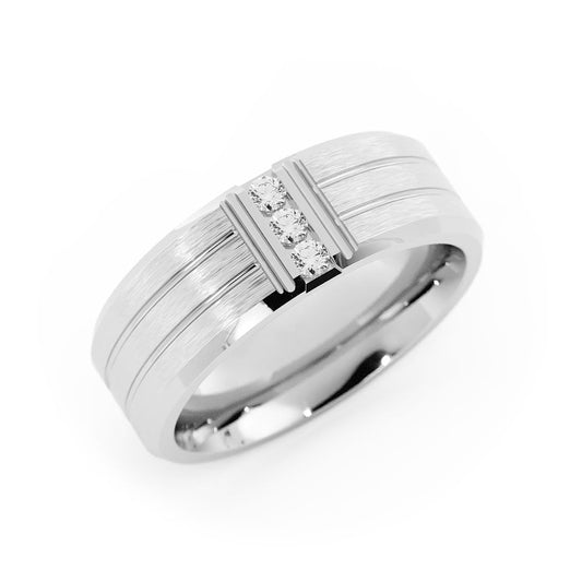 14K White Gold Round Triple Lab Grown Diamond with Double Groove Wedding Band