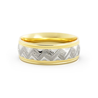 Two-Tone 14K Yellow/White Gold Rugged Sandblast Milgrain Edge with Weave Pattern 7mm Wedding Band