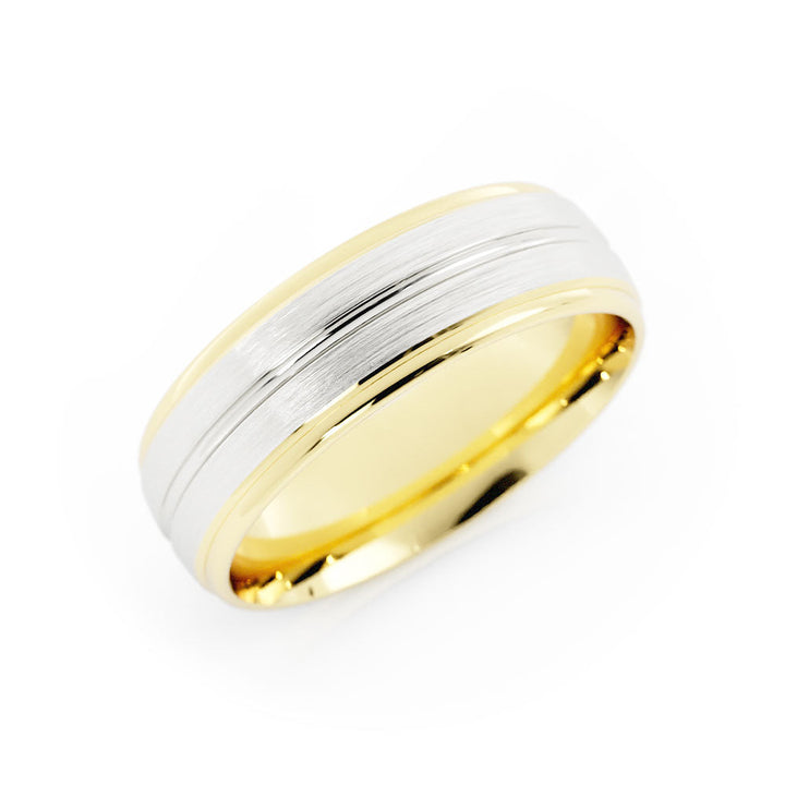 Two-Tone 14K Yellow/White Gold Satin with Center Groove 6mm Wedding Band