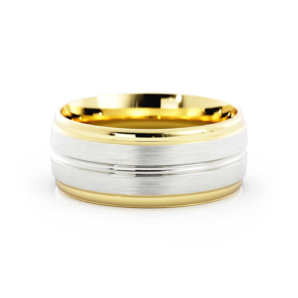 Two-Tone 14K Yellow/White Gold Satin with Center Groove 8mm Wedding Band