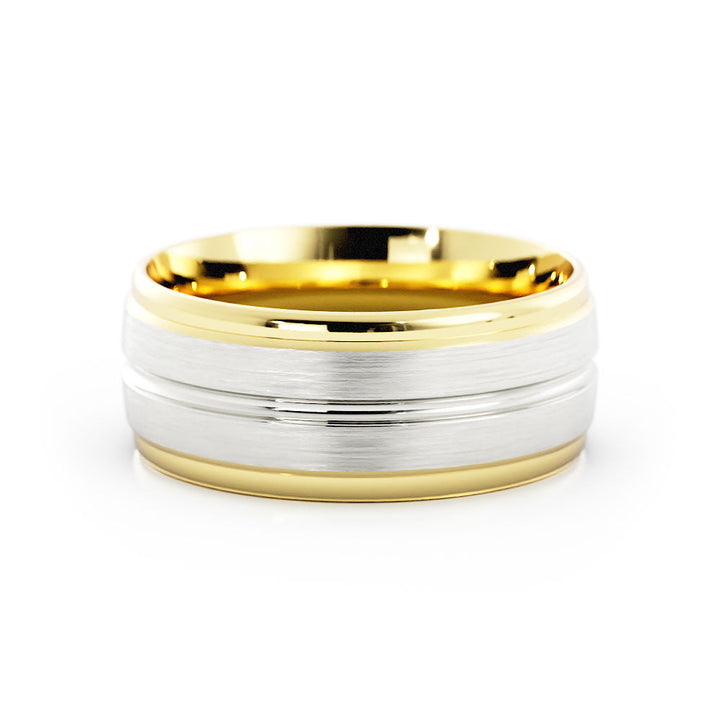 Two-Tone 14K Yellow/White Gold Satin with Center Groove 8mm Wedding Band