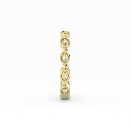 14K Yellow Gold Round Bead and Eyelet Natural Diamond Wedding Band