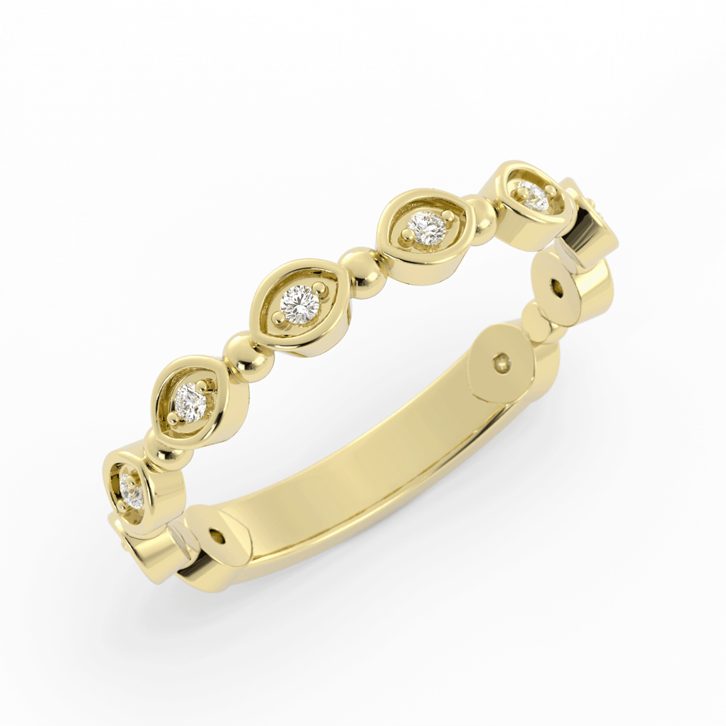 14K Yellow Gold Round Bead and Eyelet Natural Diamond Wedding Band