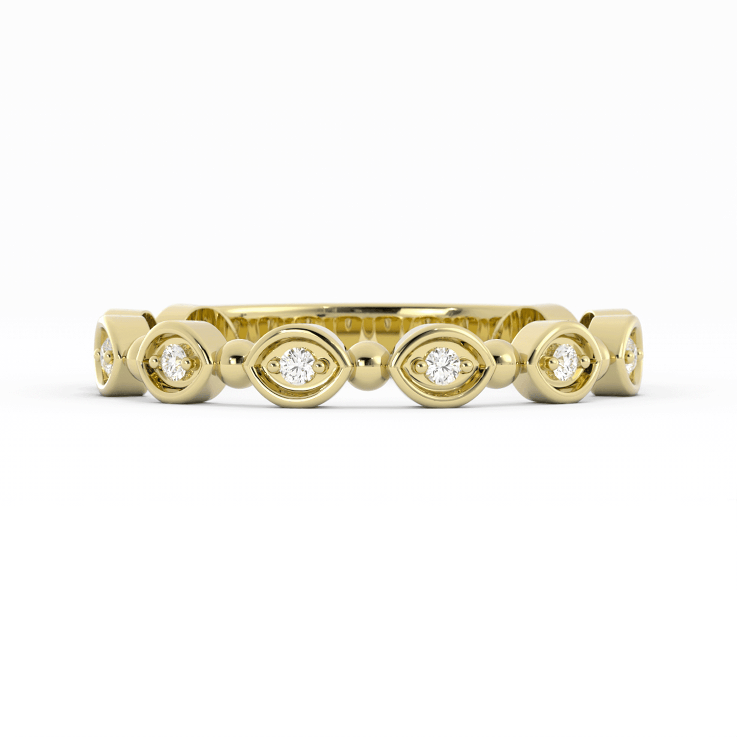 14K Yellow Gold Round Bead and Eyelet Natural Diamond Wedding Band