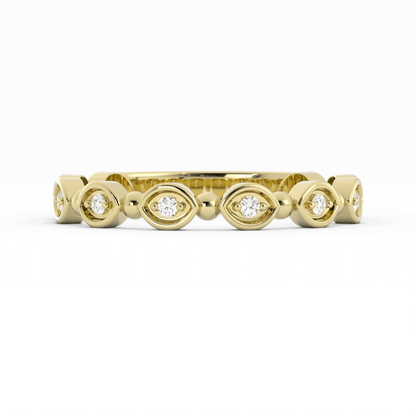 14K Yellow Gold Round Bead and Eyelet Natural Diamond Wedding Band