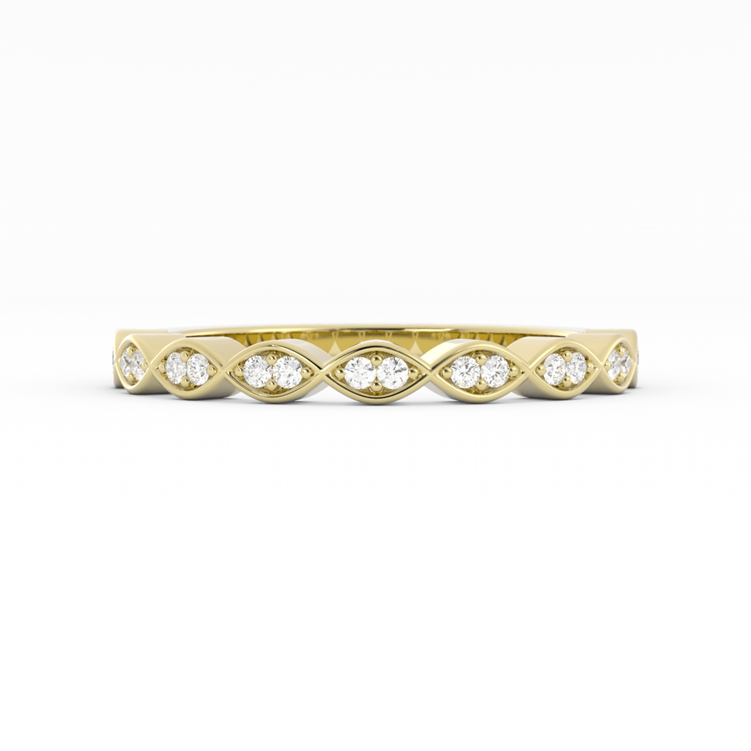14K Yellow Gold Round Half Shank Eyelet Paired Stone Lab Grown Diamond Wedding Band