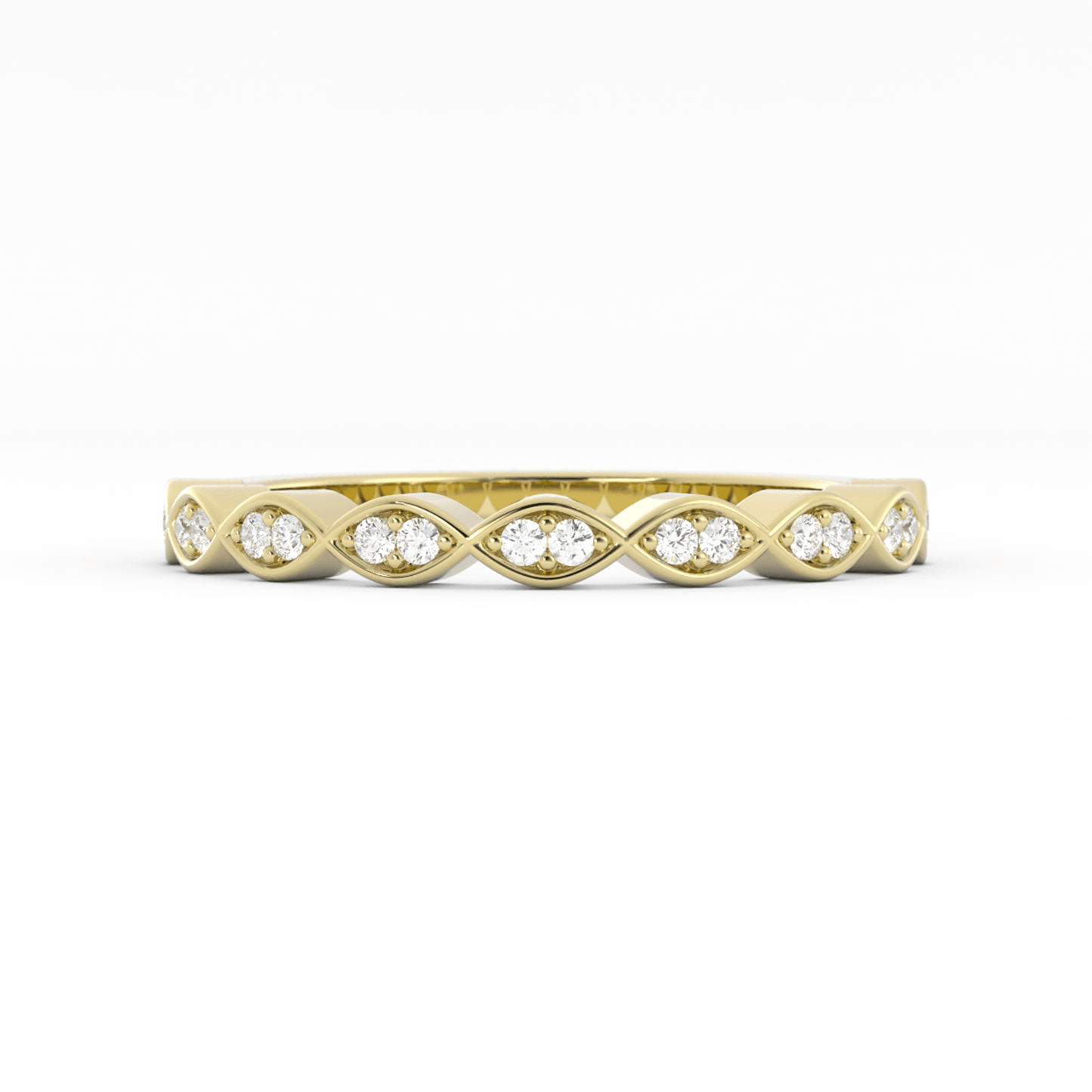 14K Yellow Gold Round Half Shank Eyelet Paired Stone Lab Grown Diamond Wedding Band