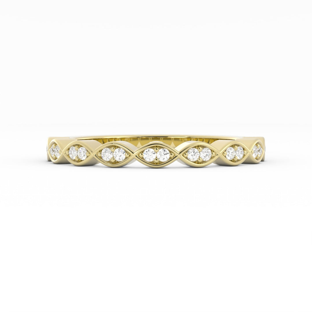 14K Yellow Gold Round Half Shank Eyelet Paired Stone Natural Diamond Wedding Band